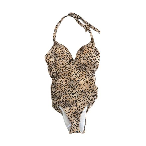 Victorias Secret Forever One Piece Swimsuit Leopard Padded Halter Ruched Large - Picture 2 of 5